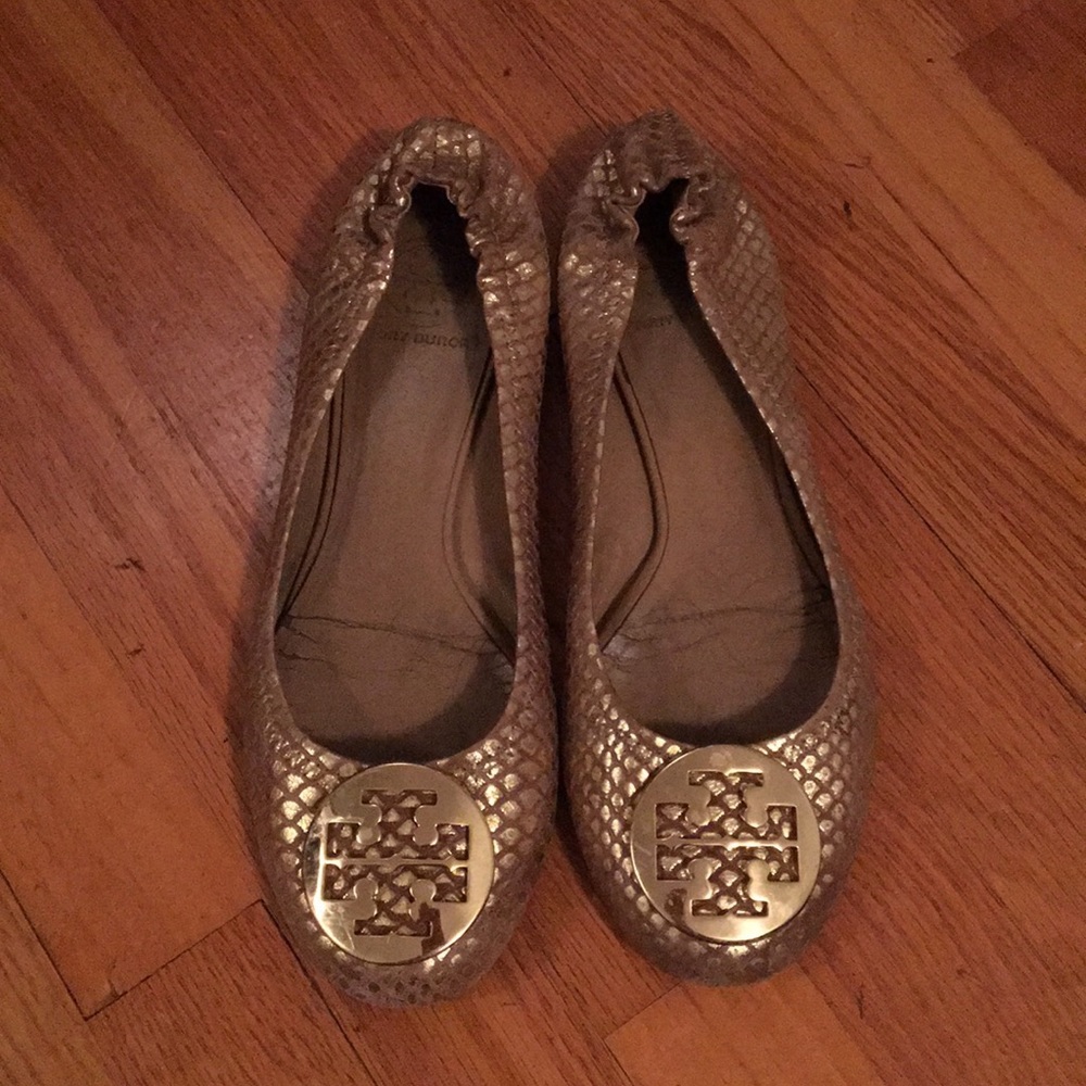 Tory Burch Gold Snakeskin Reva Flats, size 8.5